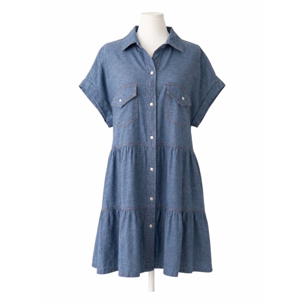 Easel NWT Blue Chambray Tiered Pearl Snap Front Babydoll Shirt Dress Small